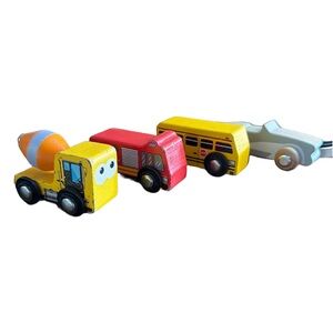 Wooden Toy Vehicles Lot School Bus Fire Truck Cement Mixer Car Kids Toys J’ADORE